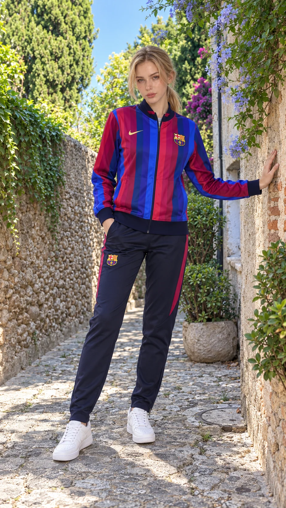 AI-generated styling concept of a model wearing a red and blue striped Barcelona jacket with navy trousers.