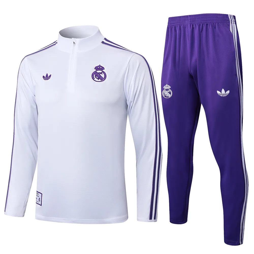 Real Madrid 2025-2026 Real Madrid Retro White Half-Pull Conjunto de entrenamiento Camiseta de fútbol Set 02 2025/2026